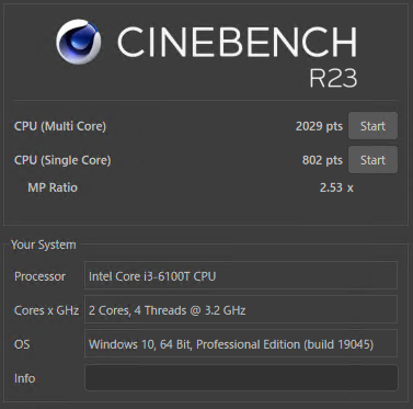 i3-6100T Cinebench Score